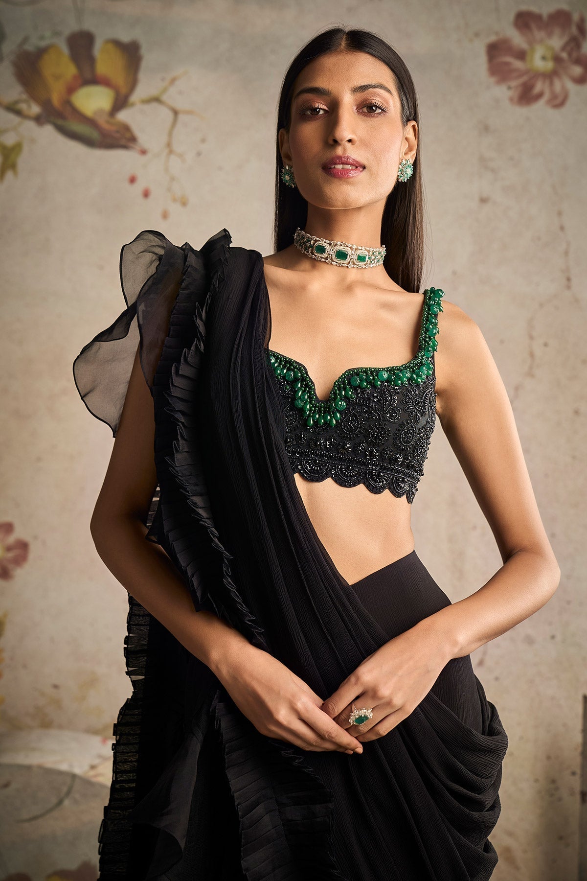 Ridhimehra-Chiffon Drape Saree With Organza Ruffle-Detailing