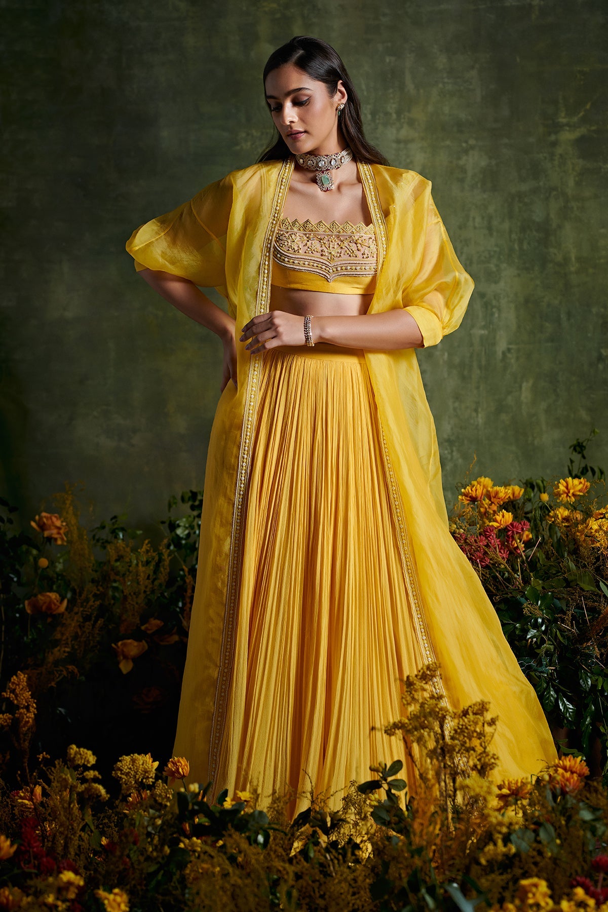 Ridhimehra-Chiffon ruched skirt with embroidered blouse and organza cape