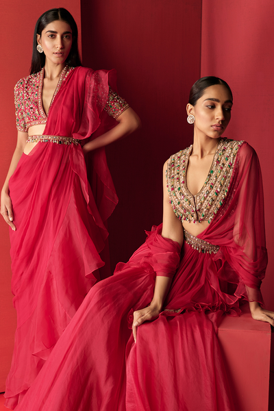 Ridhimehra-Deep-fuchsia-raw-silk-jeweled-embroidered-Saree