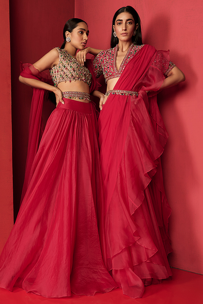 Ridhimehra-Deep fuchsia raw silk jeweled embroidered-Saree