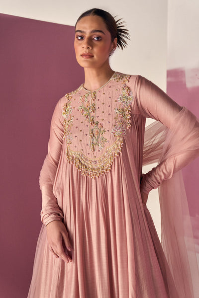 Ridhimehra-Dusky Pink Fine Silk Long Anarkali