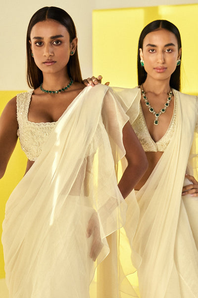 Ridhimehra-Ivory Net Pearl Embroidered Saree