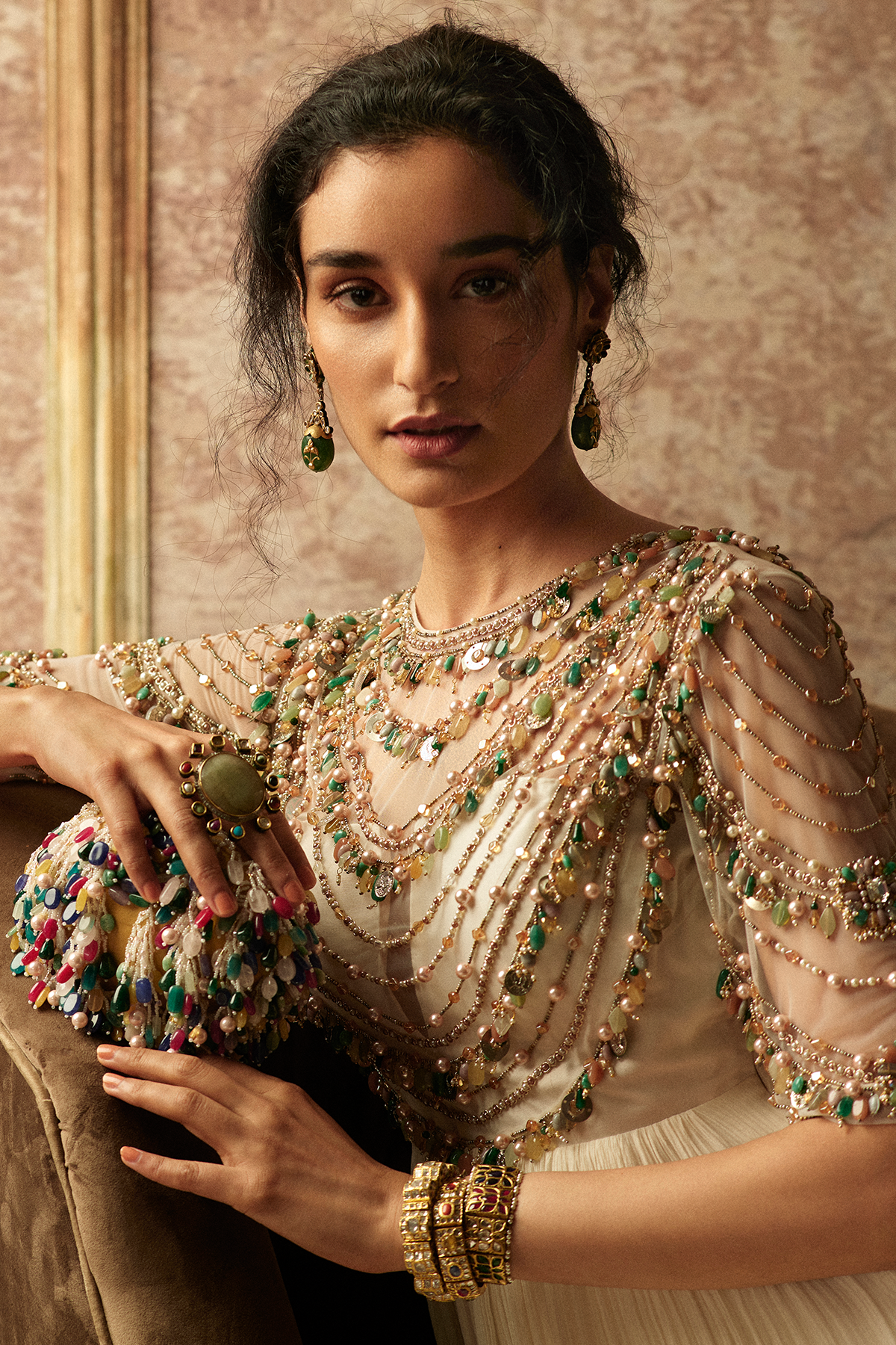 Ridhimehra-Ivory jewelled anarkali paired with a net dupatta