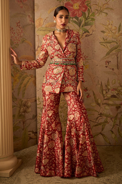 Ridhi-mehra-Red Printed Raw Silk Embroidered Jacket and Printed Flared Pants With Embroidered Printed Belt